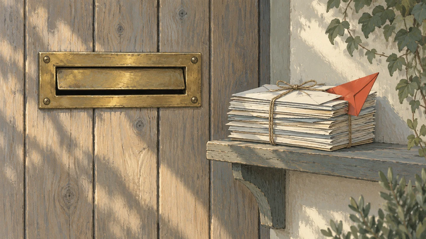 Gouache painting of a brass mail slot beside a tied bundle of envelopes, with one vermilion envelope sticking out at an angle.