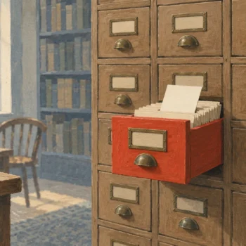 Gouache painting of a wall of small wooden card drawers with one vermilion drawer pulled open and a fresh card among older ones.