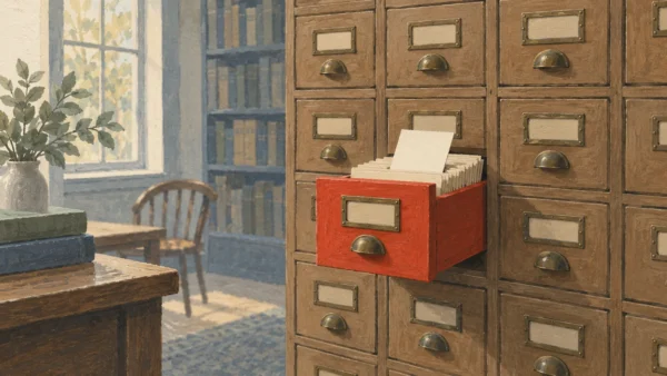 Gouache painting of a wall of small wooden card drawers with one vermilion drawer pulled open and a fresh card among older ones.