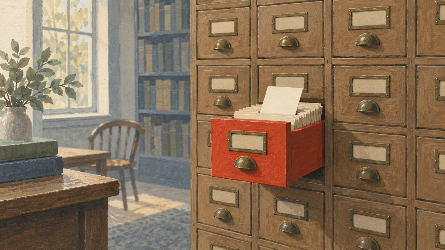 Gouache painting of a wall of small wooden card drawers with one vermilion drawer pulled open and a fresh card among older ones.