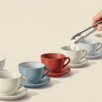 A hand with sugar tongs dropping a sugar cube into each of a long row of teacups, the sugar bowl nearly empty.