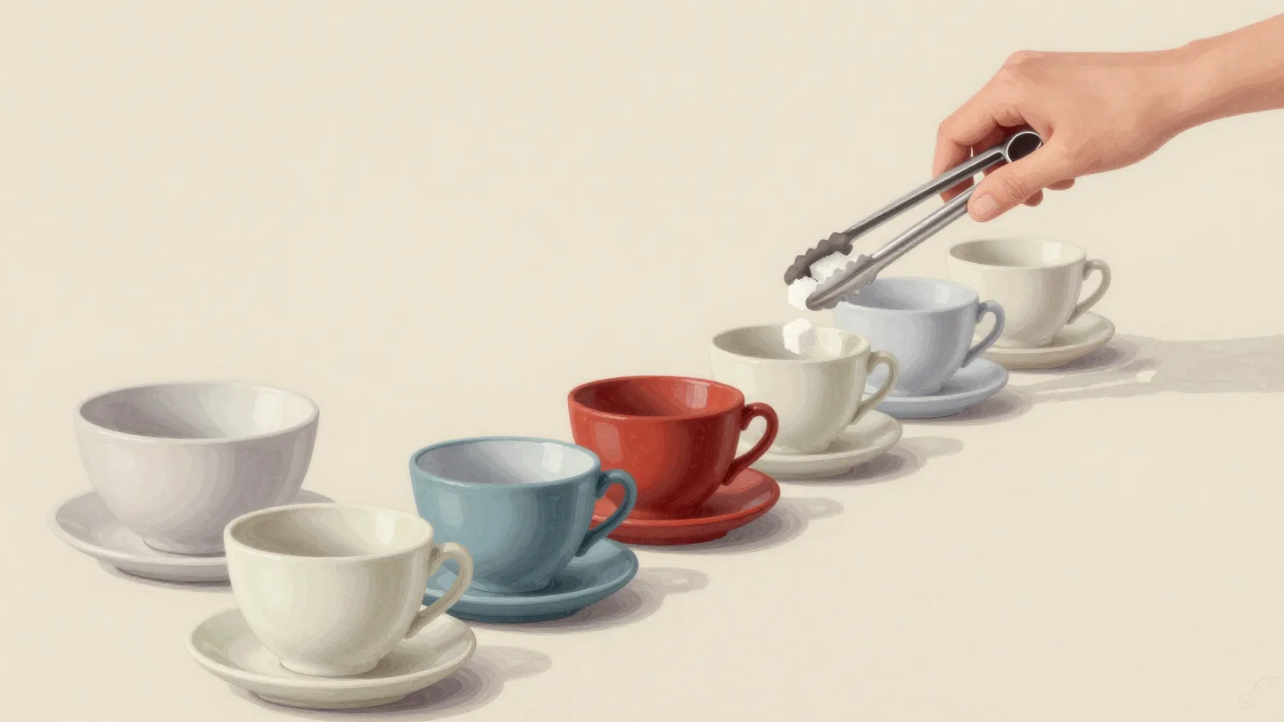 A hand with sugar tongs dropping a sugar cube into each of a long row of teacups, the sugar bowl nearly empty.
