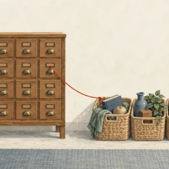 Gouache painting of a wooden card catalog cabinet beside woven baskets of mixed items, linked by a vermilion string.