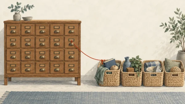 Gouache painting of a wooden card catalog cabinet beside woven baskets of mixed items, linked by a vermilion string.