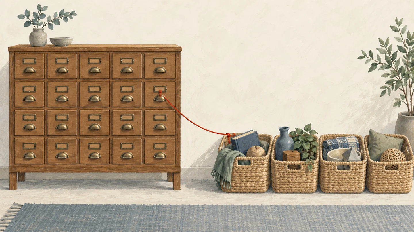 Gouache painting of a wooden card catalog cabinet beside woven baskets of mixed items, linked by a vermilion string.