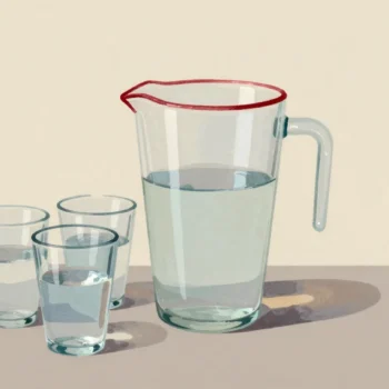 A glass water jug refilled from three tumblers, stopping just below its red rim line.