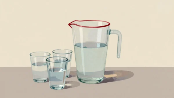 A glass water jug refilled from three tumblers, stopping just below its red rim line.