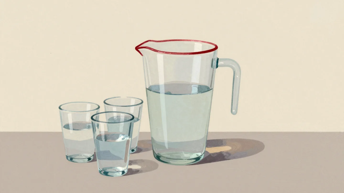 A glass water jug refilled from three tumblers, stopping just below its red rim line.