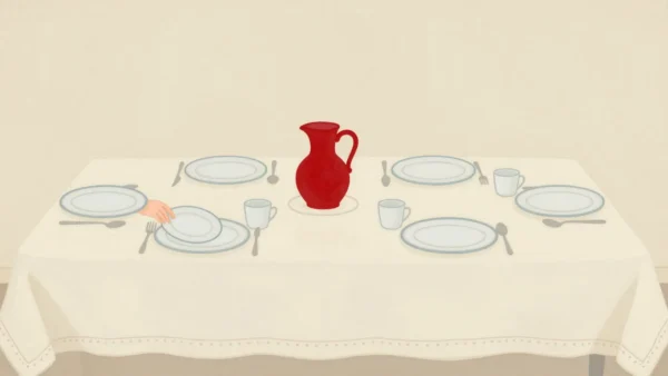 A hand sets a plate on its embroidered outline on a half-set table, a red jug in the center.