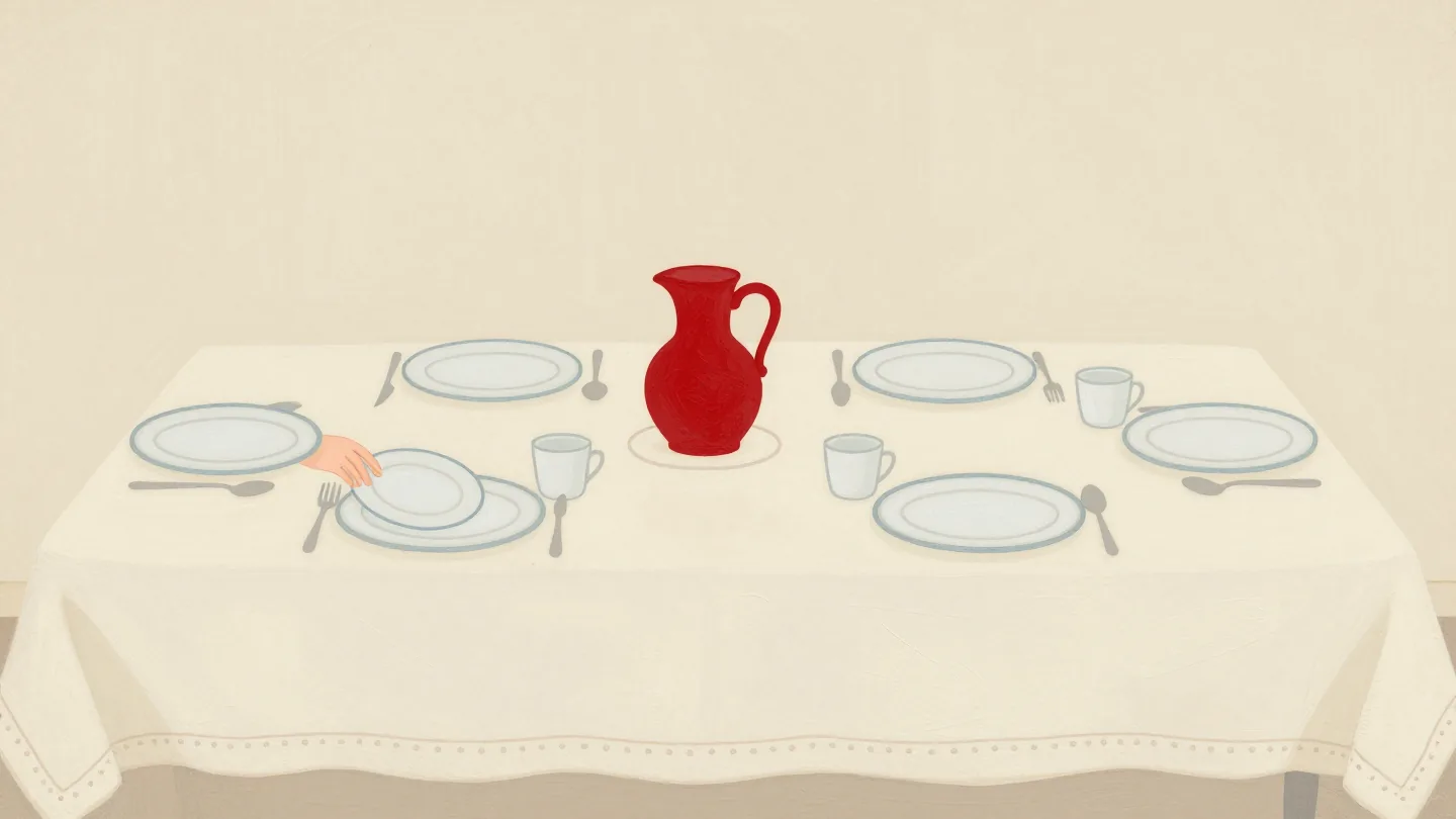 A hand sets a plate on its embroidered outline on a half-set table, a red jug in the center.