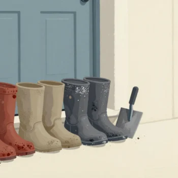 Several pairs of muddy boots show visitors arriving at the same doorway