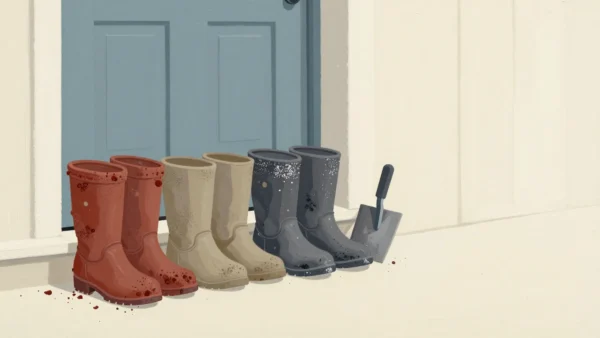 Several pairs of muddy boots show visitors arriving at the same doorway