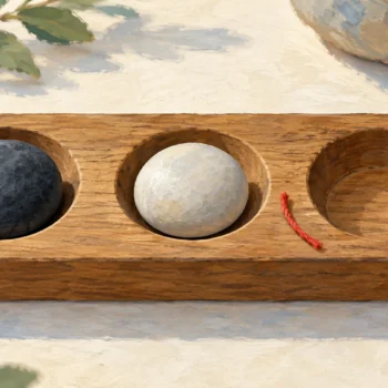 Dark and light stones occupy two recesses while a third recess is empty