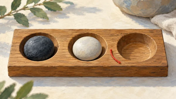 Dark and light stones occupy two recesses while a third recess is empty