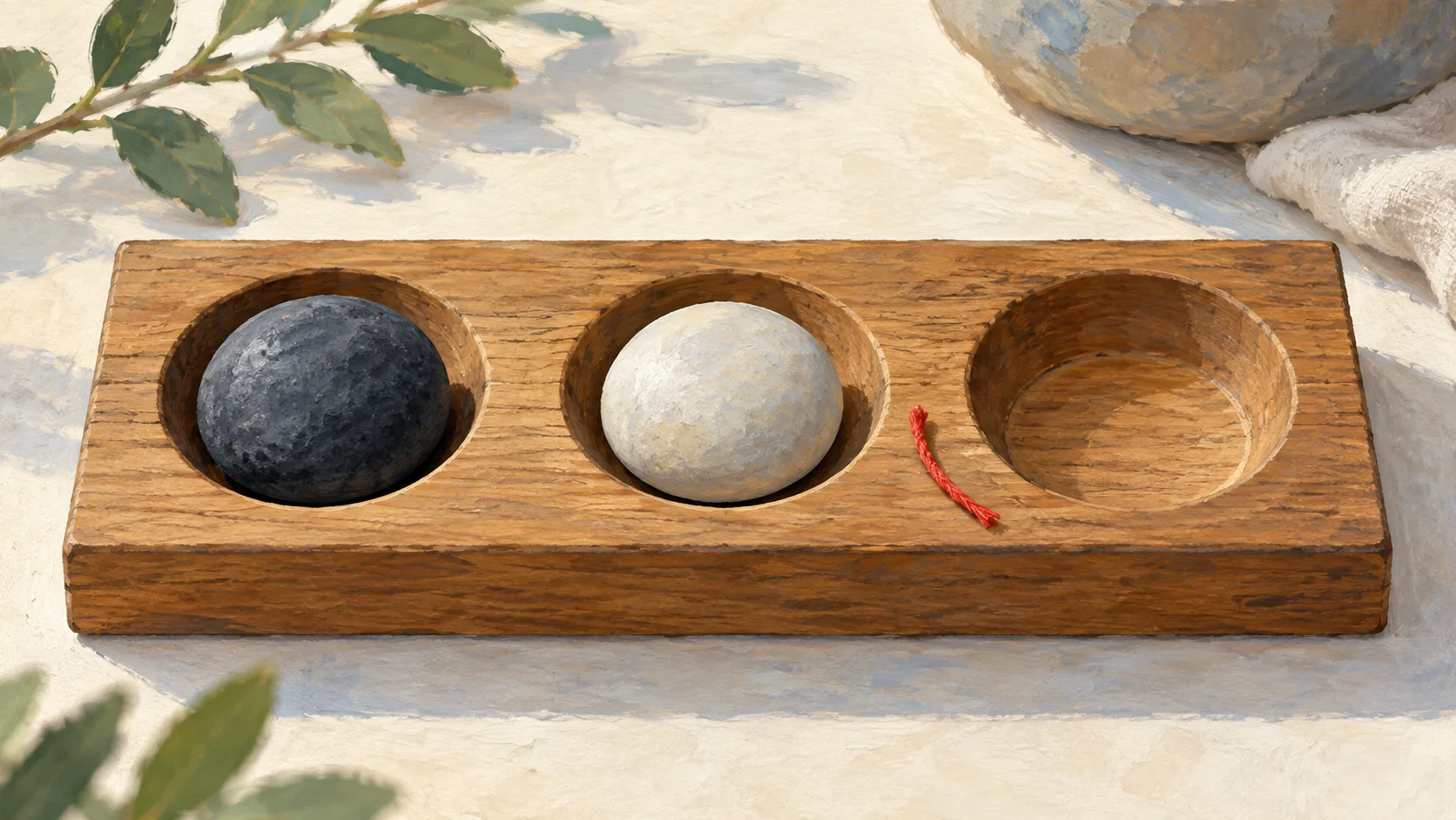 Dark and light stones occupy two recesses while a third recess is empty