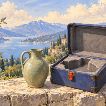 An open travel case and the ceramic jug it must actually hold