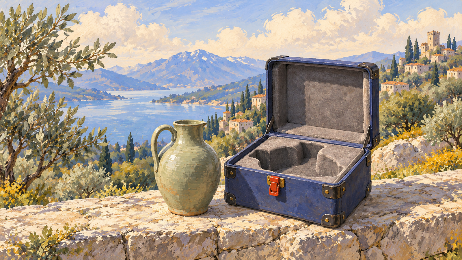 An open travel case and the ceramic jug it must actually hold