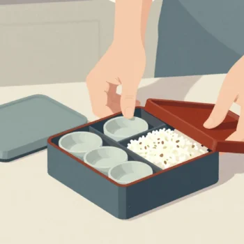 Hands arranging a bento box with rice and a row of small matching dishes inside, its lid beside it
