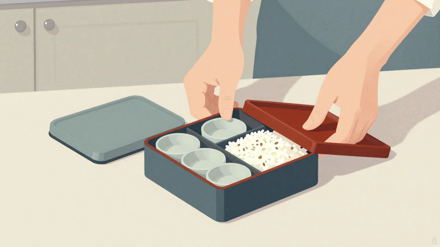 Hands arranging a bento box with rice and a row of small matching dishes inside, its lid beside it