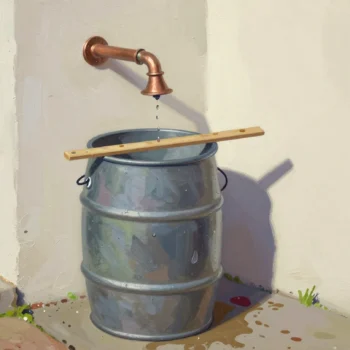 A metal barrel collecting water from a wall spout