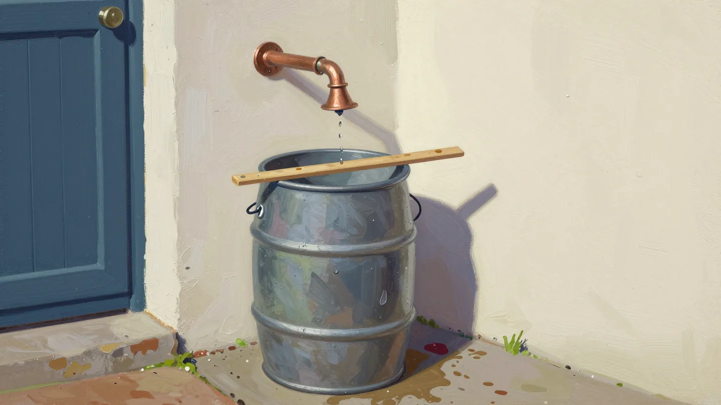 A metal barrel collecting water from a wall spout