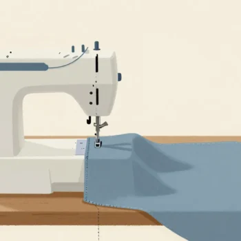 A sewing machine with a half-finished seam, a hand pulling the fabric free with a loose thread still attached