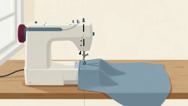 A sewing machine with a half-finished seam, a hand pulling the fabric free with a loose thread still attached