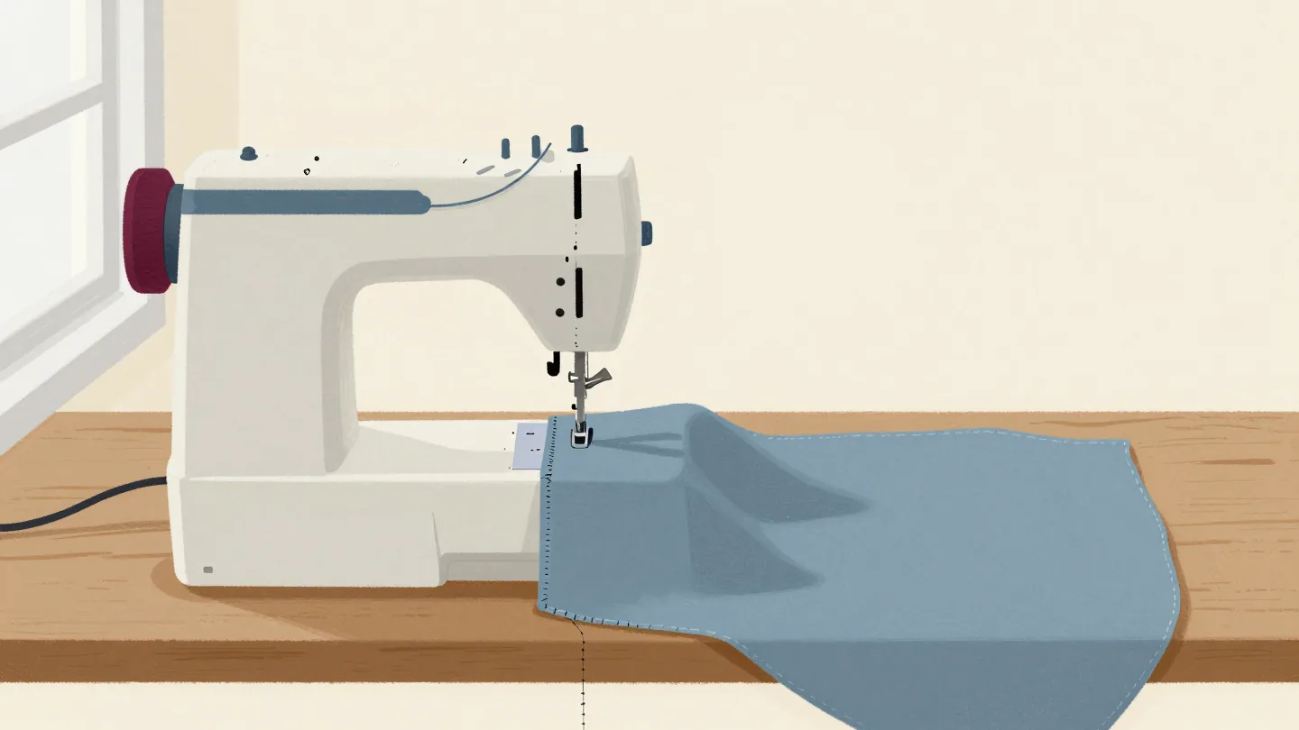 A sewing machine with a half-finished seam, a hand pulling the fabric free with a loose thread still attached