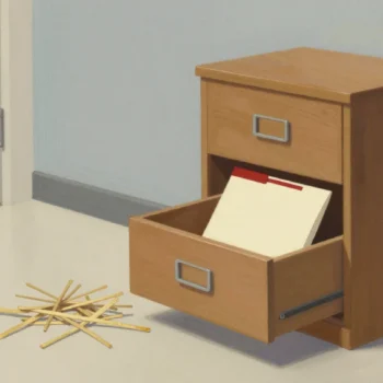 Gouache painting: a freshly assembled wooden filing cabinet with one drawer pulled open, holding a single paper folder with a vermilion tab, packing straw on the floor beside it