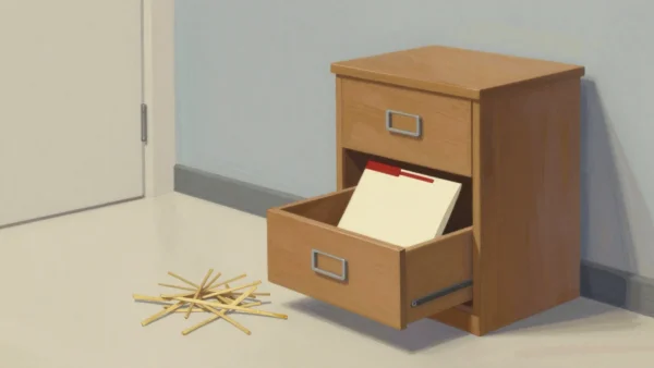 Gouache painting: a freshly assembled wooden filing cabinet with one drawer pulled open, holding a single paper folder with a vermilion tab, packing straw on the floor beside it
