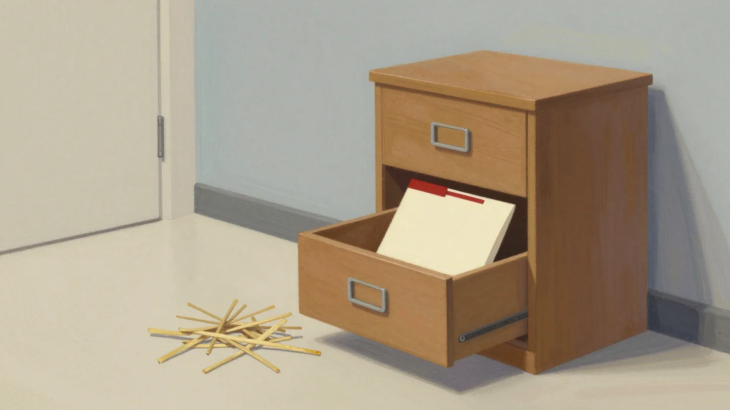 Gouache painting: a freshly assembled wooden filing cabinet with one drawer pulled open, holding a single paper folder with a vermilion tab, packing straw on the floor beside it
