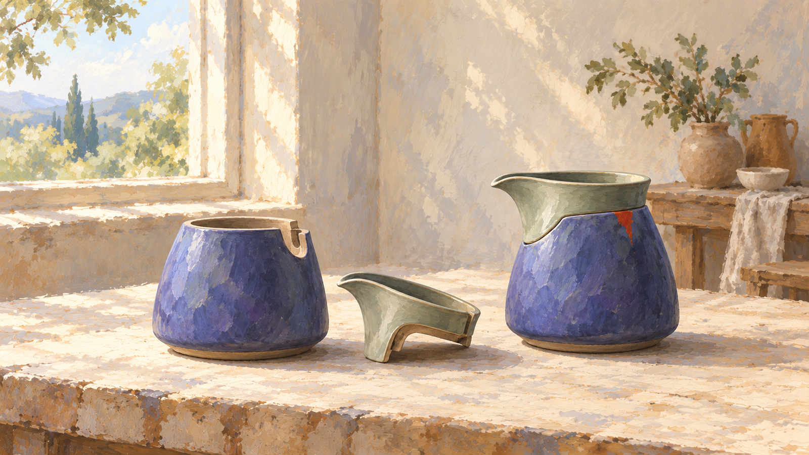 Two complementary ceramic parts form one complete pouring vessel