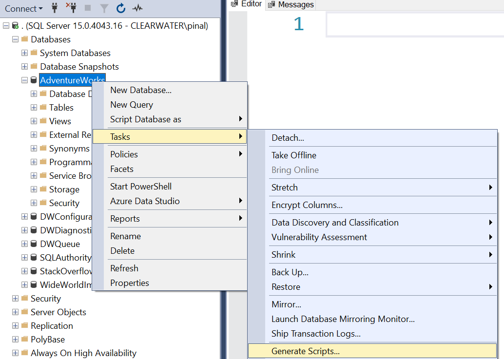 Original SSMS Tasks menu with Generate Scripts selected