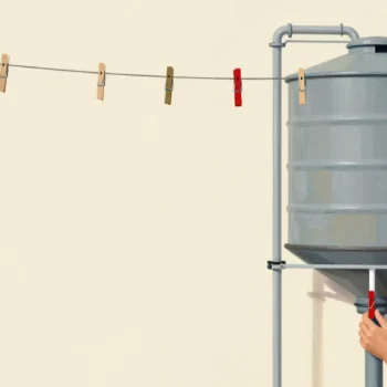 A hand clipping a peg at the water level of a rain tank's sight tube, older pegs stepping down above