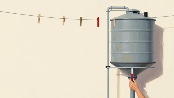 A hand clipping a peg at the water level of a rain tank's sight tube, older pegs stepping down above