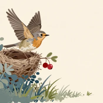 A young bird on the edge of its nest, wings half open, a red berry on the branch.