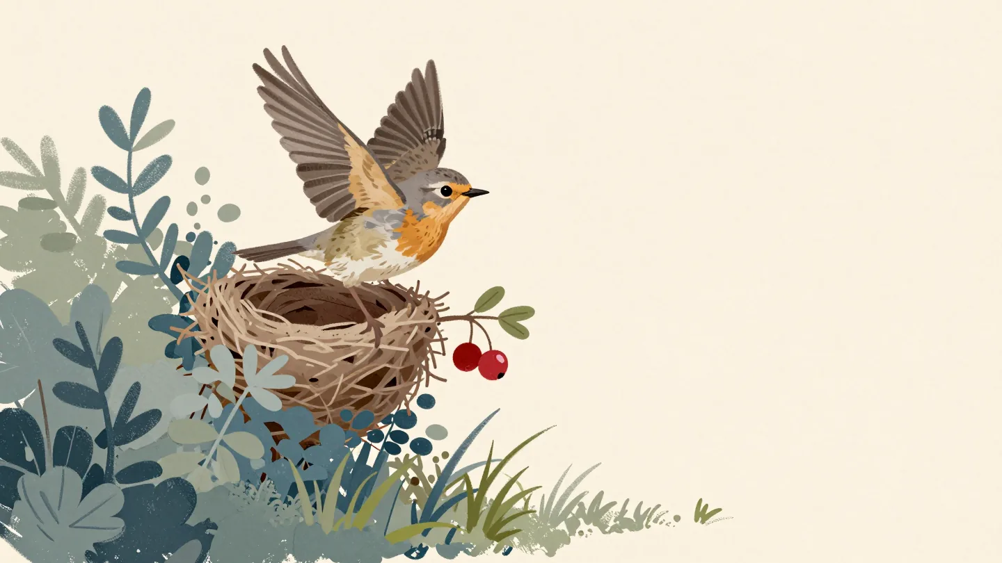 A young bird on the edge of its nest, wings half open, a red berry on the branch.