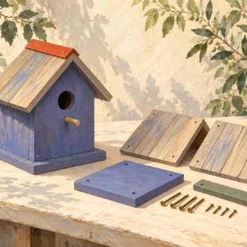 Matching panels and fasteners assemble into a completed wooden birdhouse
