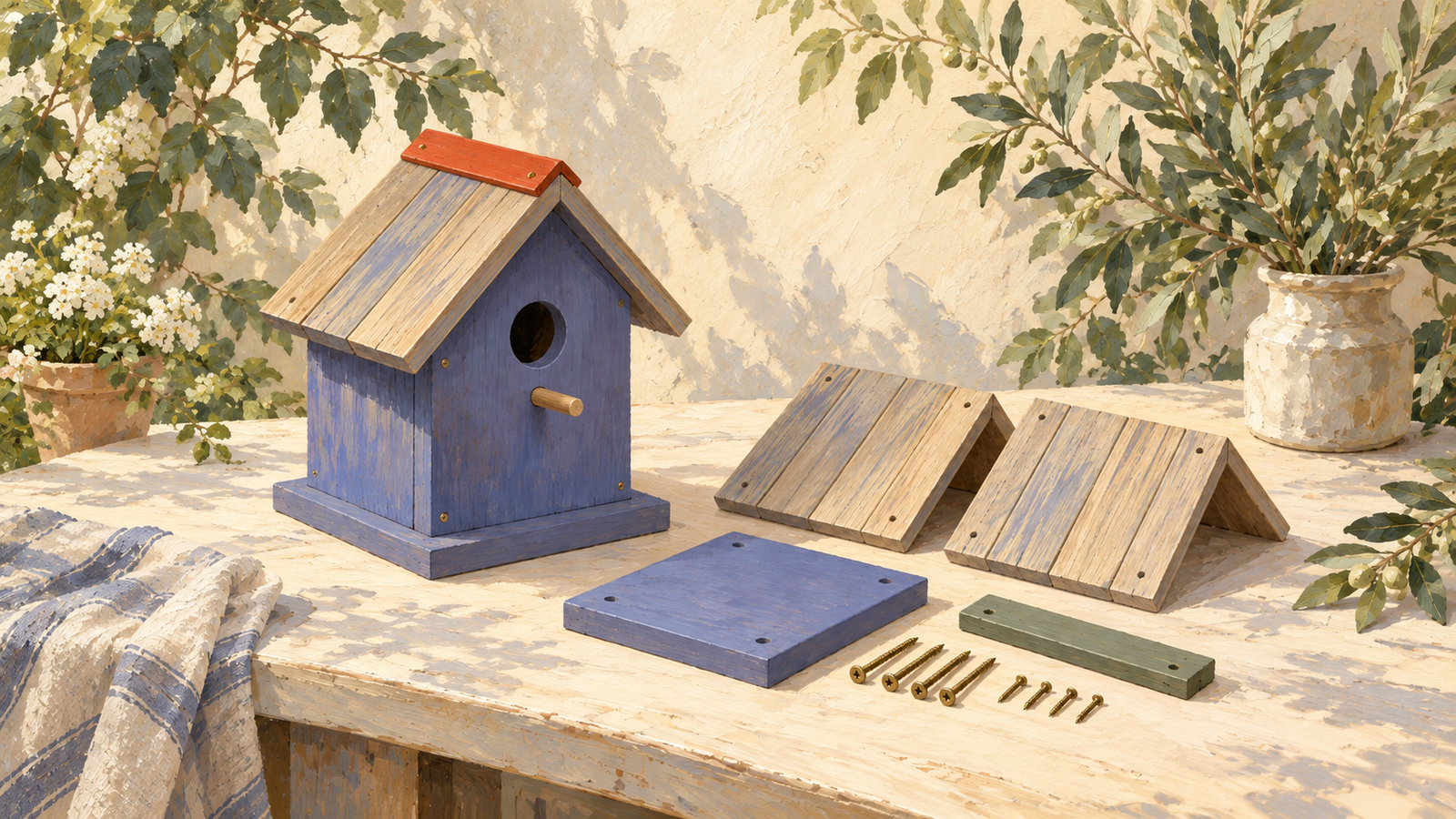Matching panels and fasteners assemble into a completed wooden birdhouse