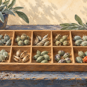 Separate groups of seedpods are visible together in a compartmented organizer