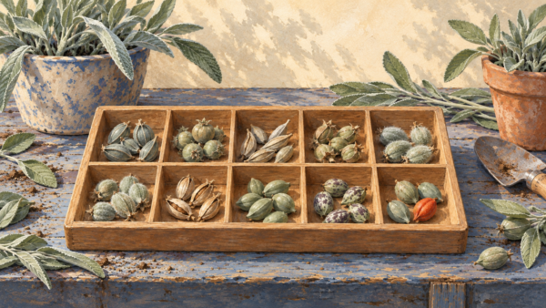 Separate groups of seedpods are visible together in a compartmented organizer
