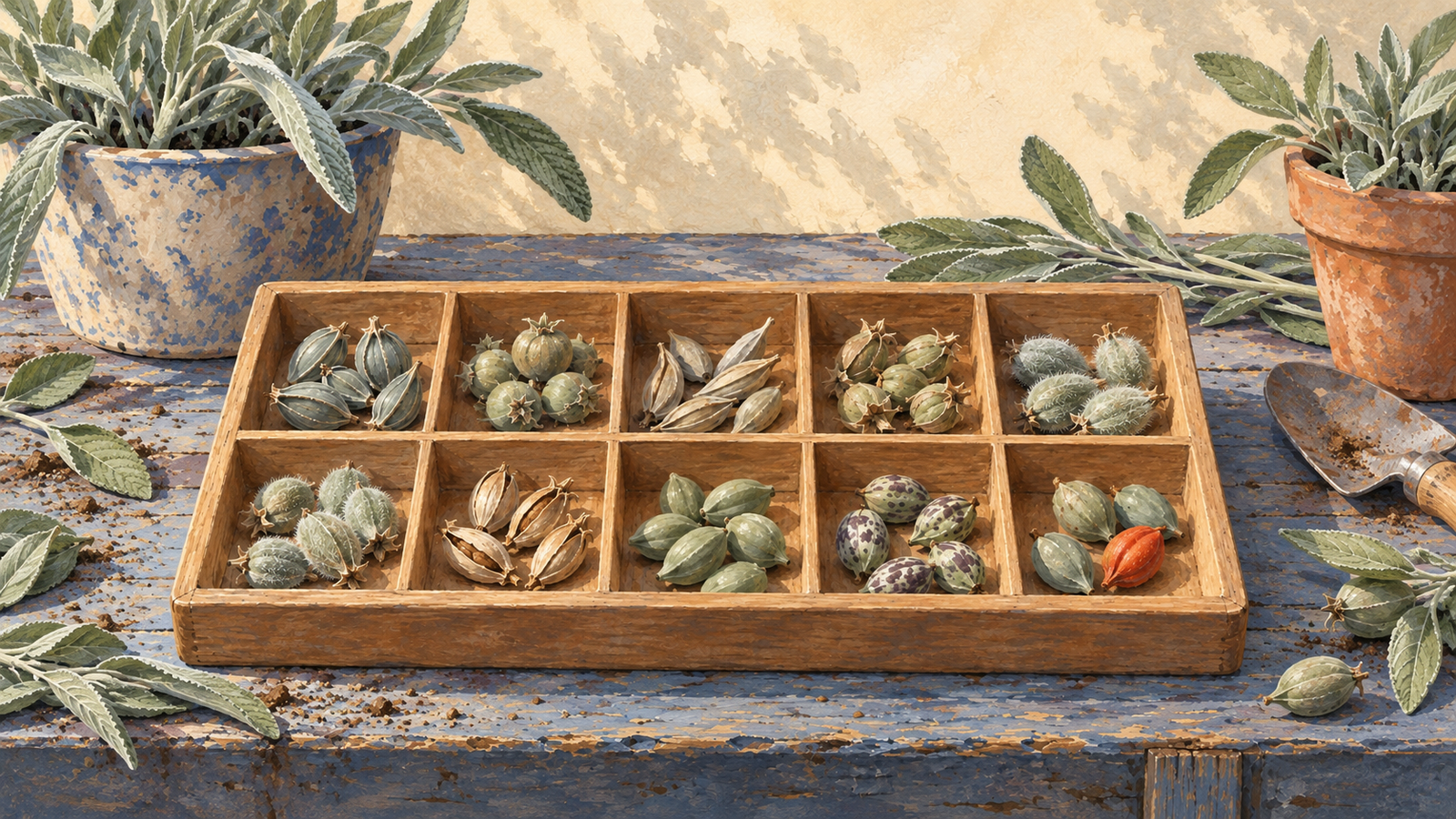 Separate groups of seedpods are visible together in a compartmented organizer