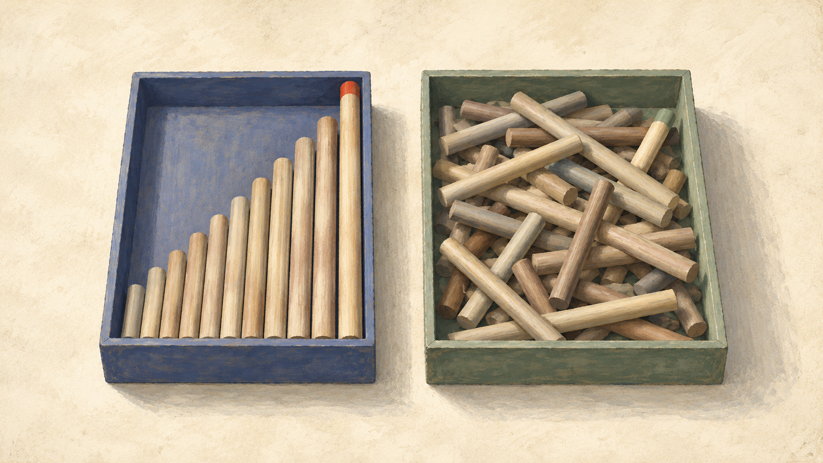 An ordered tray exposes the longest rod while a mixed tray requires searching