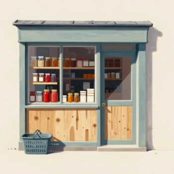 Stock remains visible inside a small shop whose glass door is closed