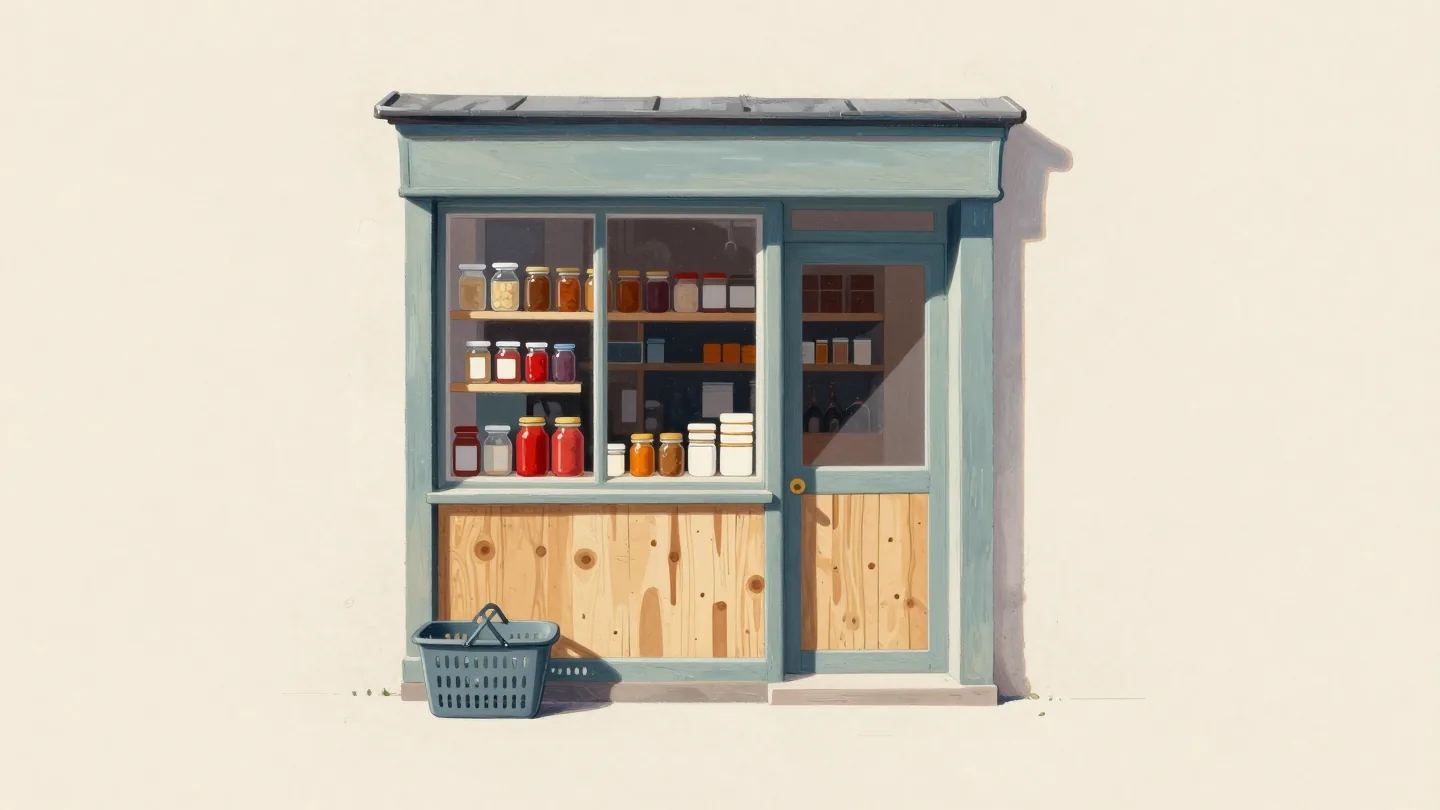 Stock remains visible inside a small shop whose glass door is closed