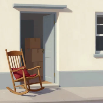 A wide old rocking chair left on the pavement outside the narrow door of a new apartment block.