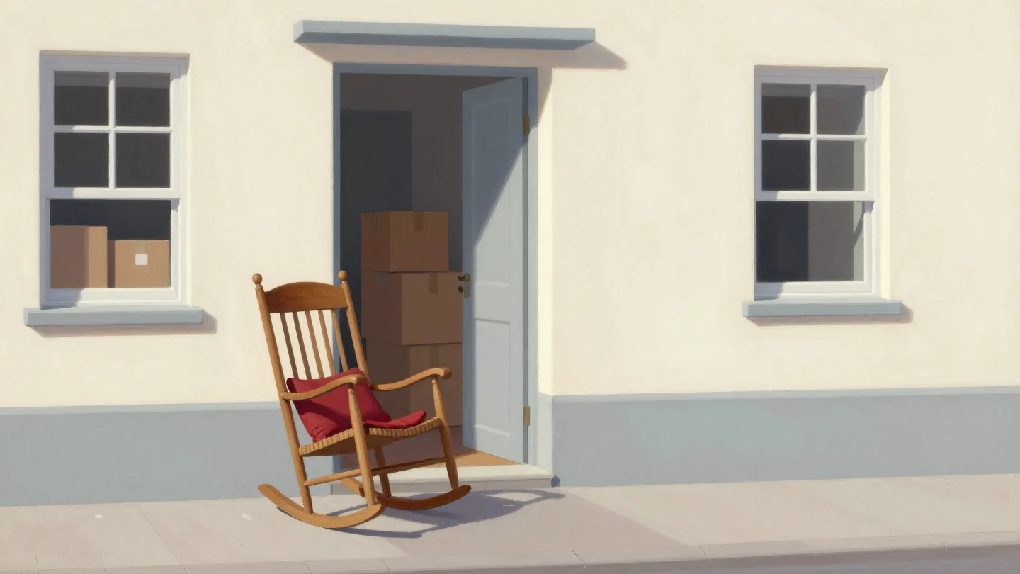 A wide old rocking chair left on the pavement outside the narrow door of a new apartment block.