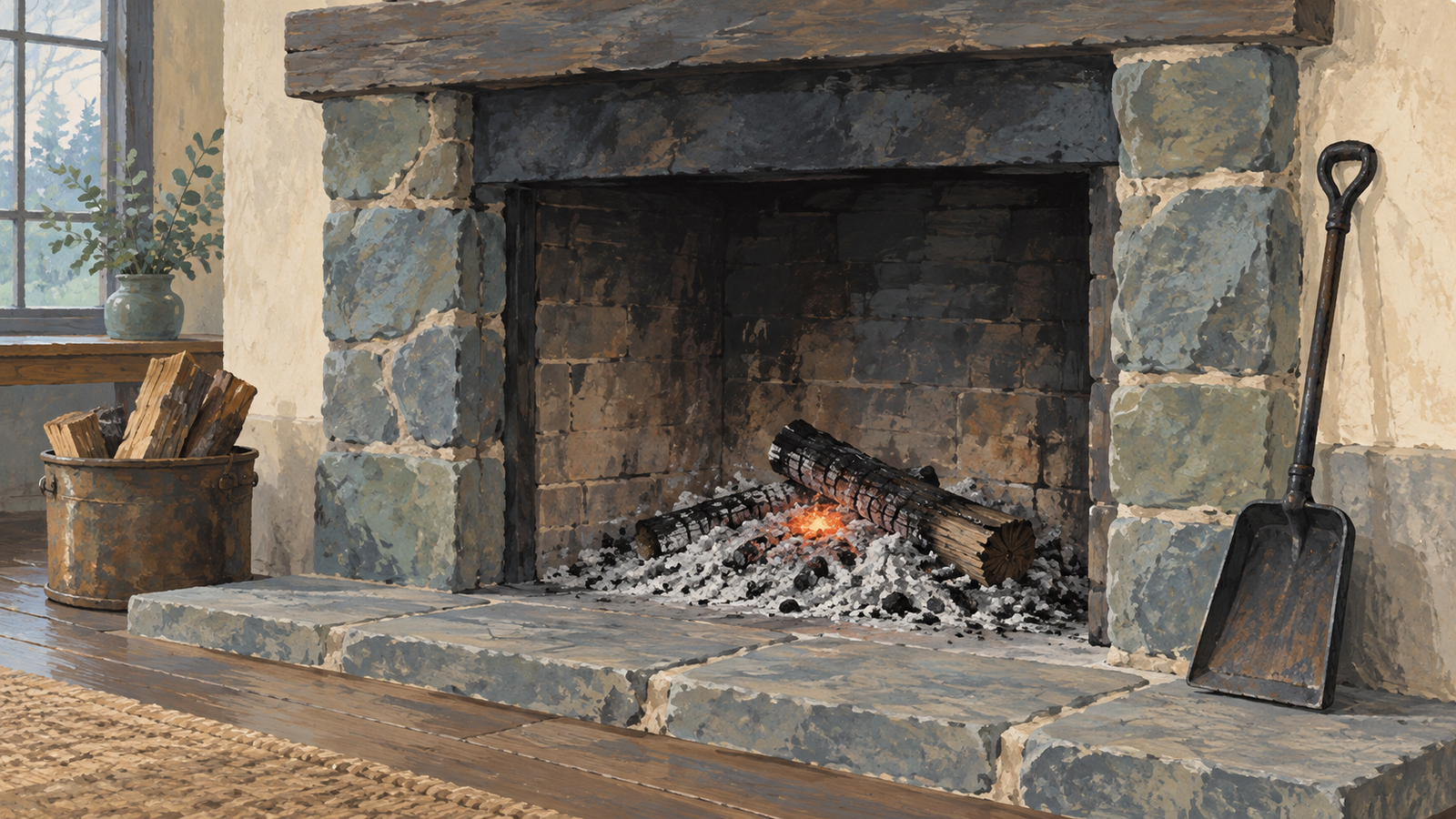 Ash and a remaining ember indicate a recent fire without revealing its complete history