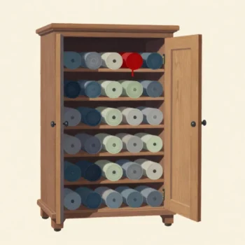An open wooden cabinet holds organized rolls of material with one vermilion roll