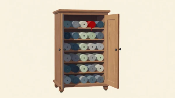 An open wooden cabinet holds organized rolls of material with one vermilion roll